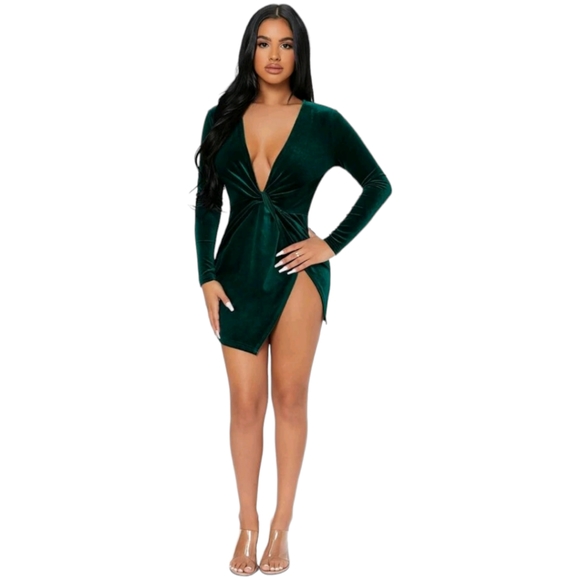 Petite Dark GreenTwist Front Wrap Velvet Dress - Picture 2 of 5